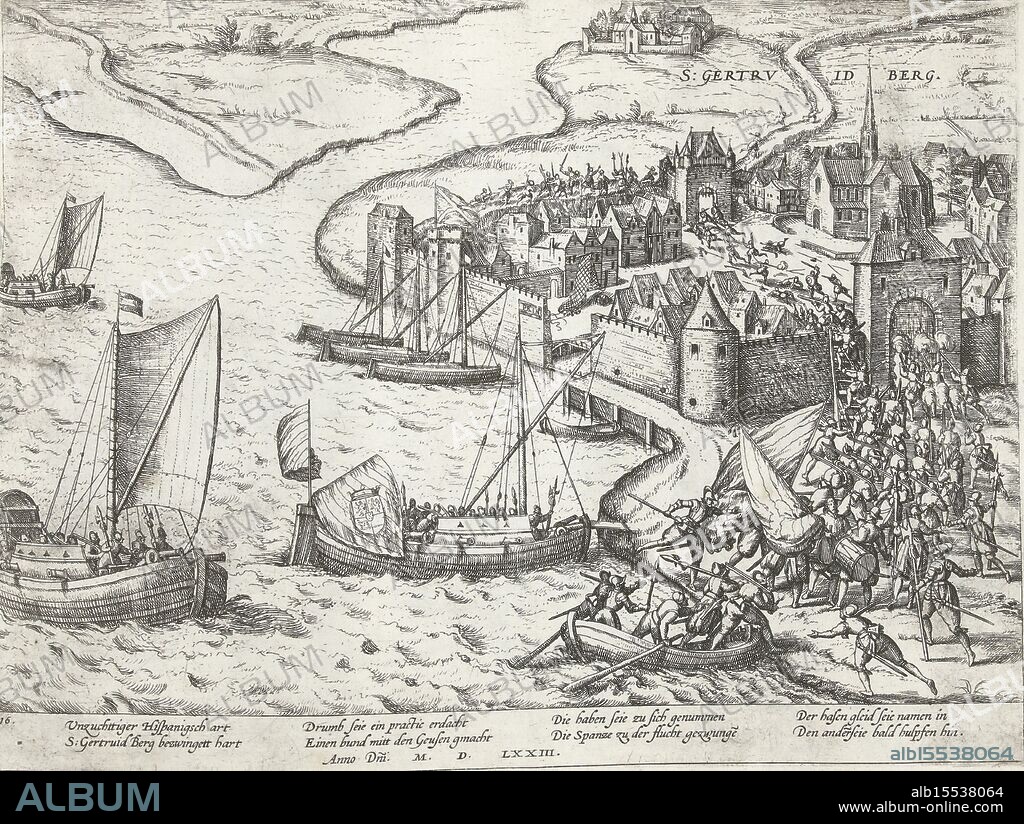 Cologne, Hogenberg, French, Series 6: Dutch Events, 1571-1576, Capture of Geertruidenberg, 1573, Capture of Geertruidenberg by the water beggars on 28 August 1573. Soldiers come ashore in the foreground and storm the city. In the water several small ships with flags. With 8-line caption in German. Numbered: 16., print, picture, news print, album page, prints, pictures, Frederik Muller Historieplaten, height 210 mm, width 280 mm, Dutch, German, 1540 - 1590, print maker, printmaker, 1573 - 1575, third quarter 16th century, fourth quarter 16th century, paper, papier, etching, etchings.