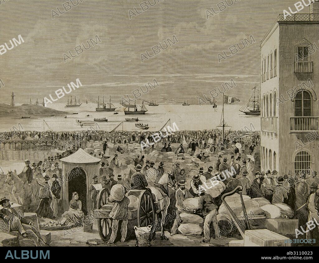 Guerra del Pacífico o Guerra del Guano o Salitre. Conflicto que enfrentó a Chile contra sus aliados Bolivia y Perú. Se desarrolló en el Pacífico y desierto de Atacama, 1879-1883. Salida de los súbditos chilenos tras el desbloqueo del puerto de Iquique (Perú), 1879. Grabado por Rico. La Ilustración Española y Americana.