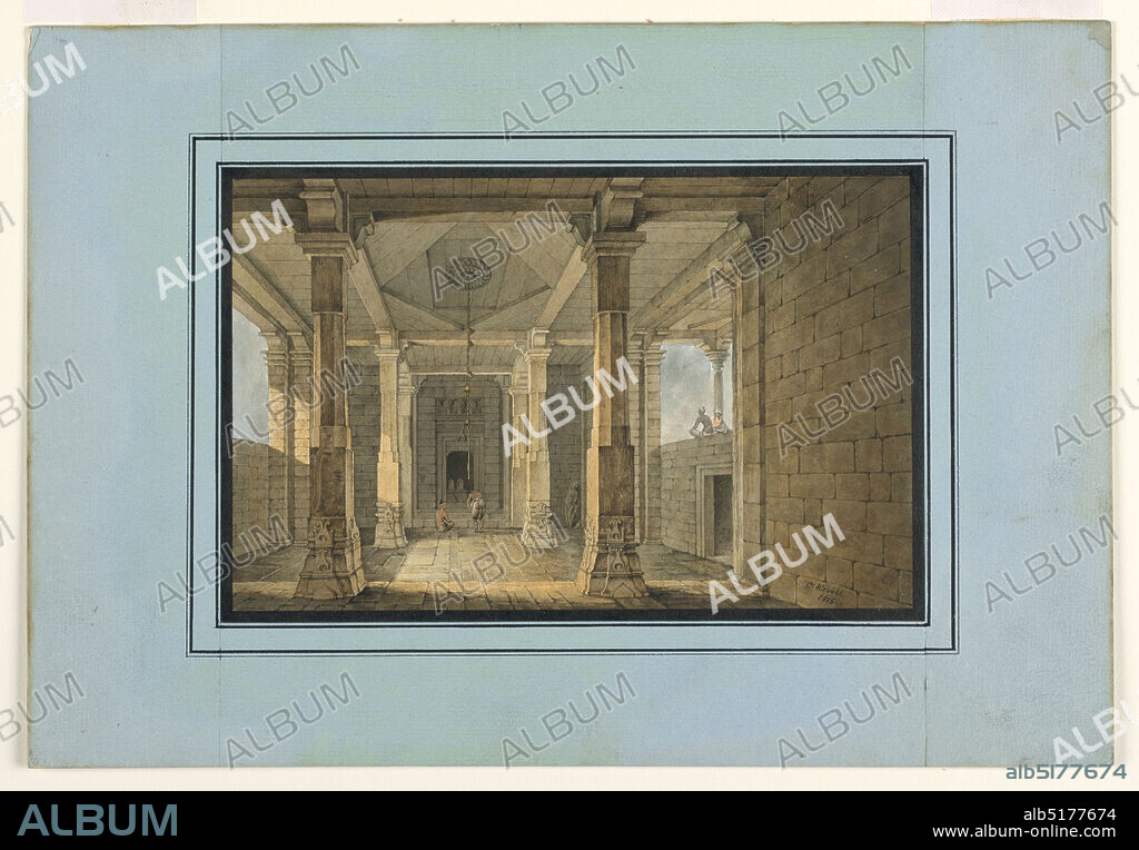 Stage Design, Entrance to an Oriental Temple, Karl Josef Koebel, German, active Italy, 1796 - 1850, Pen and black ink, brush and watercolor, ruled border in pen and black ink on white wove paper laid down on blue paper mounted on cardboard, Horizontal rectangle. Interior of open-air temple hall with brick walls and wooden ceiling. In background, two male figures near small open chamber. At upper right, two seated figures on temple wall exterior., Mainz, Germany, 1815, theater, Drawing, Drawing.