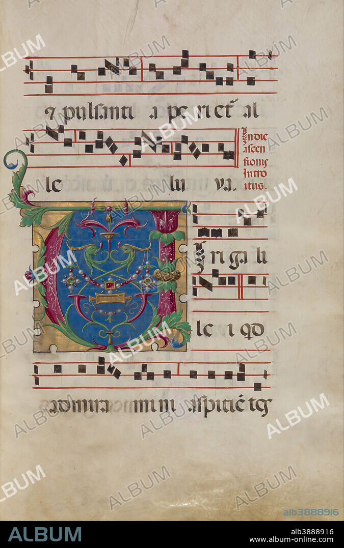 UNKNOWN. Decorated Initial V. Date/Period: Late 15th or early 16th century. Folio. Tempera colors, gold leaf, and ink on parchment bound between original wood boards covered with brown leather. Height: 641 mm (25.23 in); Width: 435 mm (17.12 in).