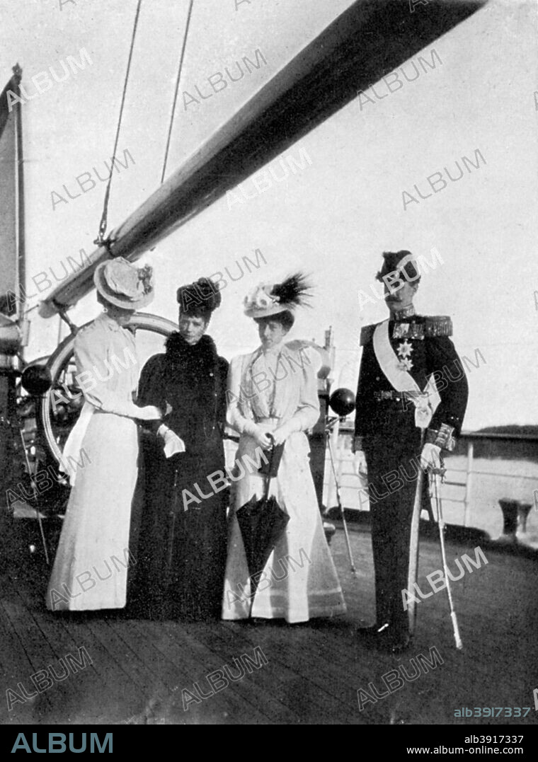 Empress Maria Feodorovna (1847-1928), Princess Victoria (1868-1935), Queen Maud (1869-1938) and King Haakon VII of Norway, on board the royal yacht Victoria and Albert III, 1908. From Queen Alexandra's Christmas Gift Book, Photographs from My Camera, by Queen Alexandra, published by The Daily Telegraph (London, 1908).