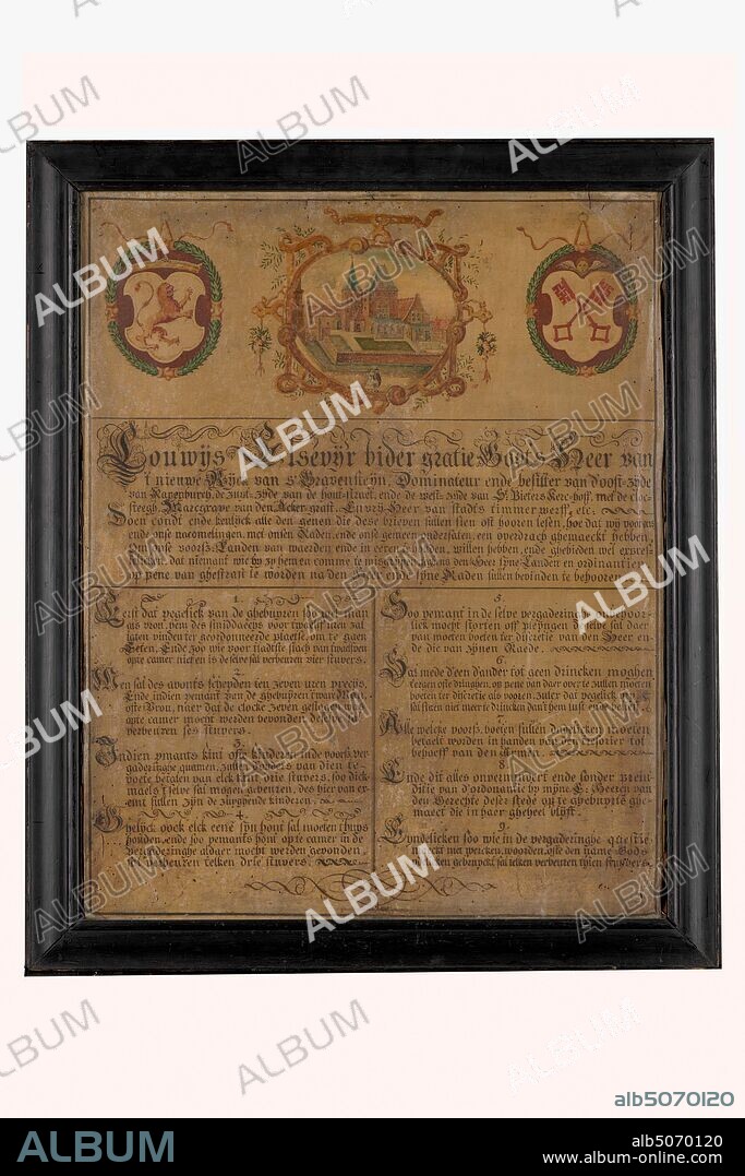 regulations, Anonymous, between 1607-1617, parchment, ink, Carrier: 74.5 × 57 × 0.03cm (745 × 570 × 0.3mm), With frame: 83.5 × 69 × 3cm (835 × 690 × 30mm), city coat of arms, weapon (sign), prison, lead, Regulations on parchment of the neighborhood of Gravesteen, according to the first lines of the text under the management of Louwijs Elsevier, Lord of the new Rijck van 's-Gravesteijn, Dominateur and owner of the east side of Rapenburch, the south side of the Houtstraet and the west side of St. Pieters Kerck-hoff, with the Clock lane, Marckgrave van den Ackergraft. And free-Lord of Stadstimmerwerf. Below two columns of text. At the top in the middle a view of Gravesteen, between the arms of Holland on the left and the coat of arms of Leiden on the right. These drawings are colored. The regulations are in a wooden frame, 1877.