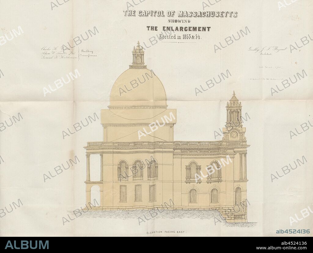 The Capital of Massachusetts showing the enlargement Erected in 1853, Outline of the Massachusetts State House in Boston, signed: Gridley J. F. Bryant; J.H. Bufford's Lith, Fig. 4, according to p. 23, Bryant, Gridley J. F. (del.); Bufford, John Henry (sc.), 1854, Report of the commissioners for the enlargement of the State House. [Boston]: [s. n.], [1854].