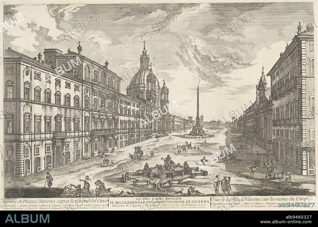 View of Piazza Navona in Rome with the Fontana dei Fiumi by Bernini and the Sant'Agnese in Agone. Titles and explanatory lists of numbers in French and Italian and an instruction in the lower margin, Piazza Navona in Rome Veduta di Piazza Navona sopra le rovine del Circo / Vue de la Place Navone sur les ruines du Cirque., print maker: Domenico Montaigù, (mentioned on object), intermediary draughtsman: Jean Barbault, (mentioned on object), J. Bouchard & J.J. Gravier, (mentioned on object), Italy, c. 1750 - c. 1799, paper, etching, h 376 mm × w 570 mm.