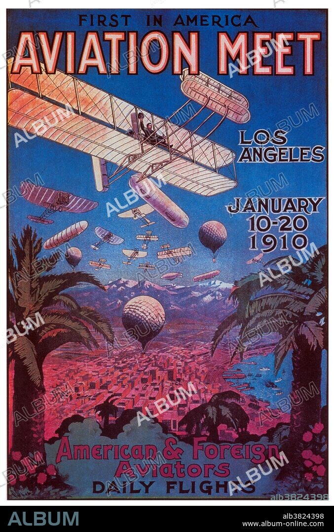 The Los Angeles International Air Meet (January 10- 20, 1910) was among the earliest airshows in the world and the first major airshow in the United States. It was held in Los Angeles County, at Dominguez Field in present-day Carson, California. Spectator turnout numbered approximately 254,000 over 11 days of ticket sales. The Los Angeles Times called it "one of the greatest public events in the history of the West". Organizers invited pilots of monoplanes, biplanes, balloons, and dirigibles. To reinforce the event's "international" billing, French aviator Louis Paulhan, a notable from the 1909 Reims meet, was invited. No artist credited.
