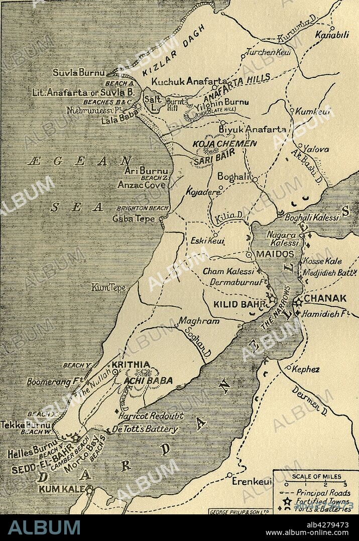 GEORGE PHILIP & SON LTD. 'Map of the Gallipoli Peninsula', 1919. The Gallipoli peninsula in western Turkey saw heavy fighting during the First World War, 1914-1919, with many casualties on both sides. Fortified towns, forts and batteries are indicated. From "The History of the Great European War: its causes and effects", Vol. IV, by W. Stanley Macbean Knight. [Caxton Pulishing Company, Limited, London, 1919].