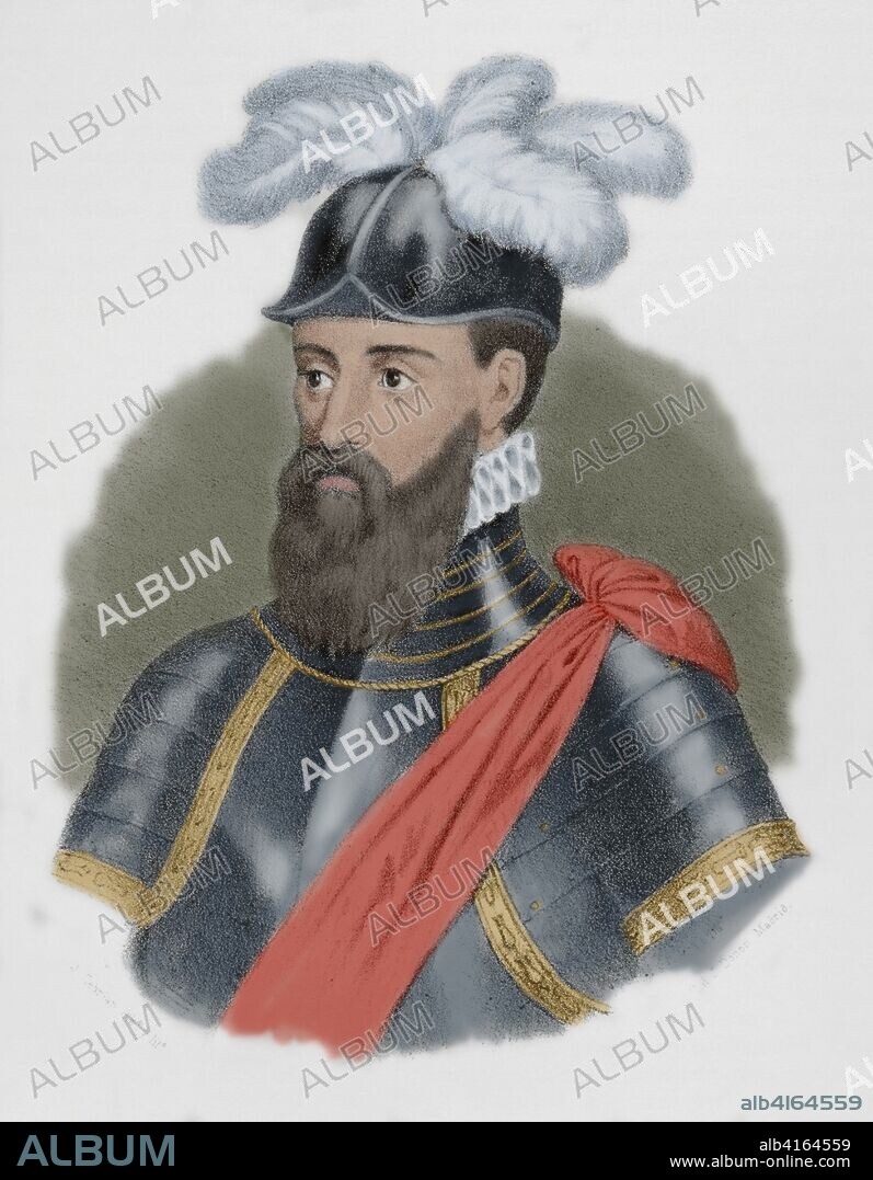 Francisco Pizarro (1478-1541). Conquistador español. Lideró la expedición que iniciaría la Conquista del Perú. Gobernador de Nueva Castilla. Dibujo por J. Cebrián. Litografía. Coloreada. Crónica General de España, Historia Ilustrada y Descriptiva de sus Provincias. Extremadura, 1870.