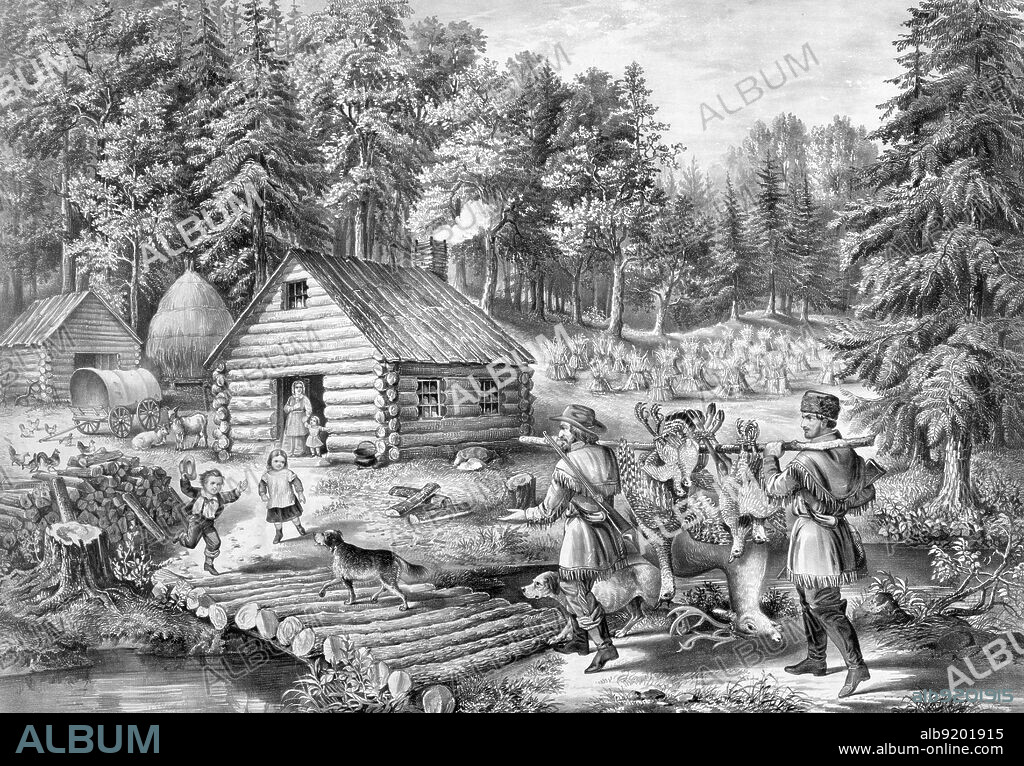 The pioneer's home: on the western frontier, showing hunters returning with freshly killed animals. Published by Currier & Ives, circa 1867. Artist: Frances F. Palmer.