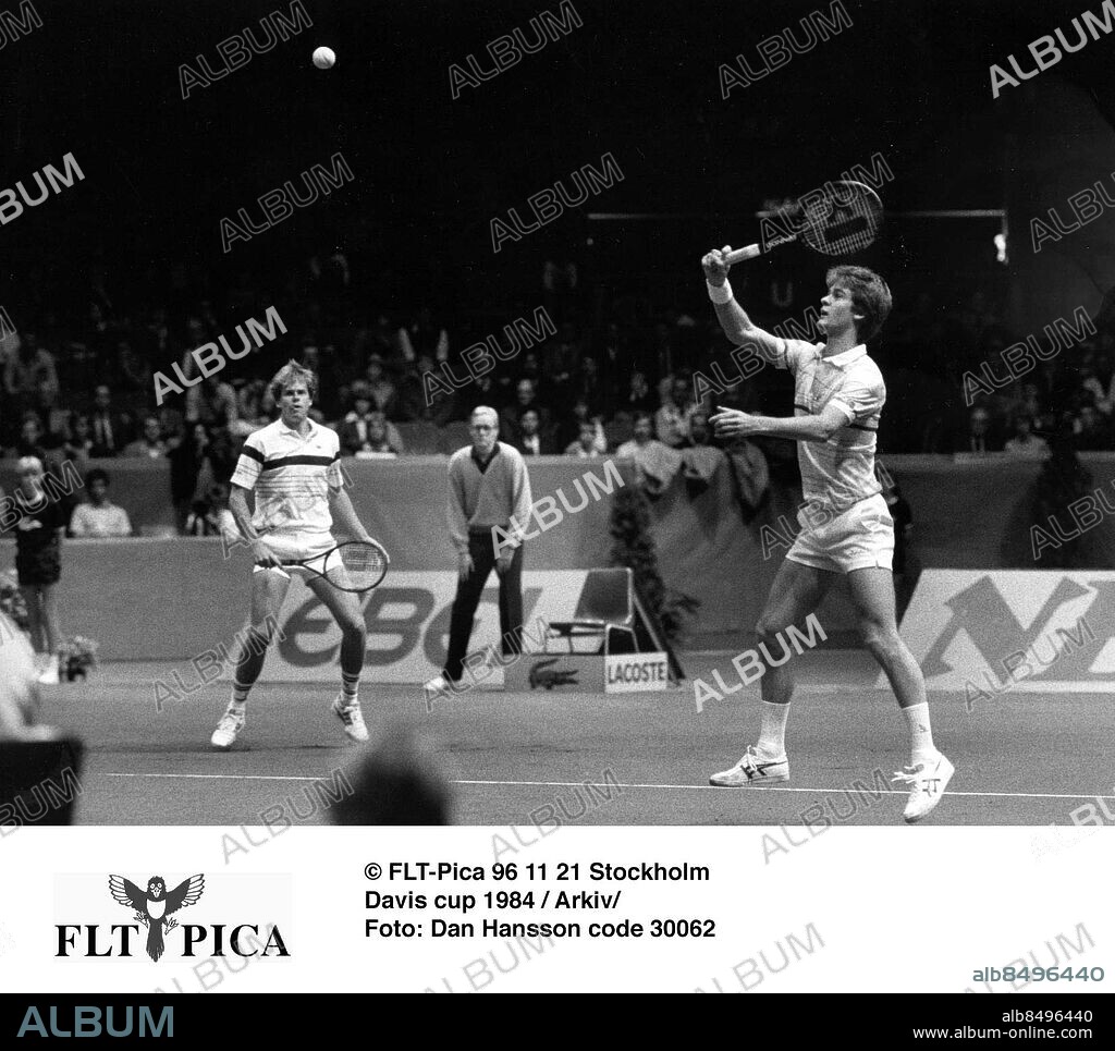 Göteborg 1984-12-17. Finalen i Davis CUp mellan Sverige och USA. Anders Järryd and Stefan Edberg v John McEnroe and Flemming in Davis Cup 1984.. Foto: Dan Hansson code 30062.