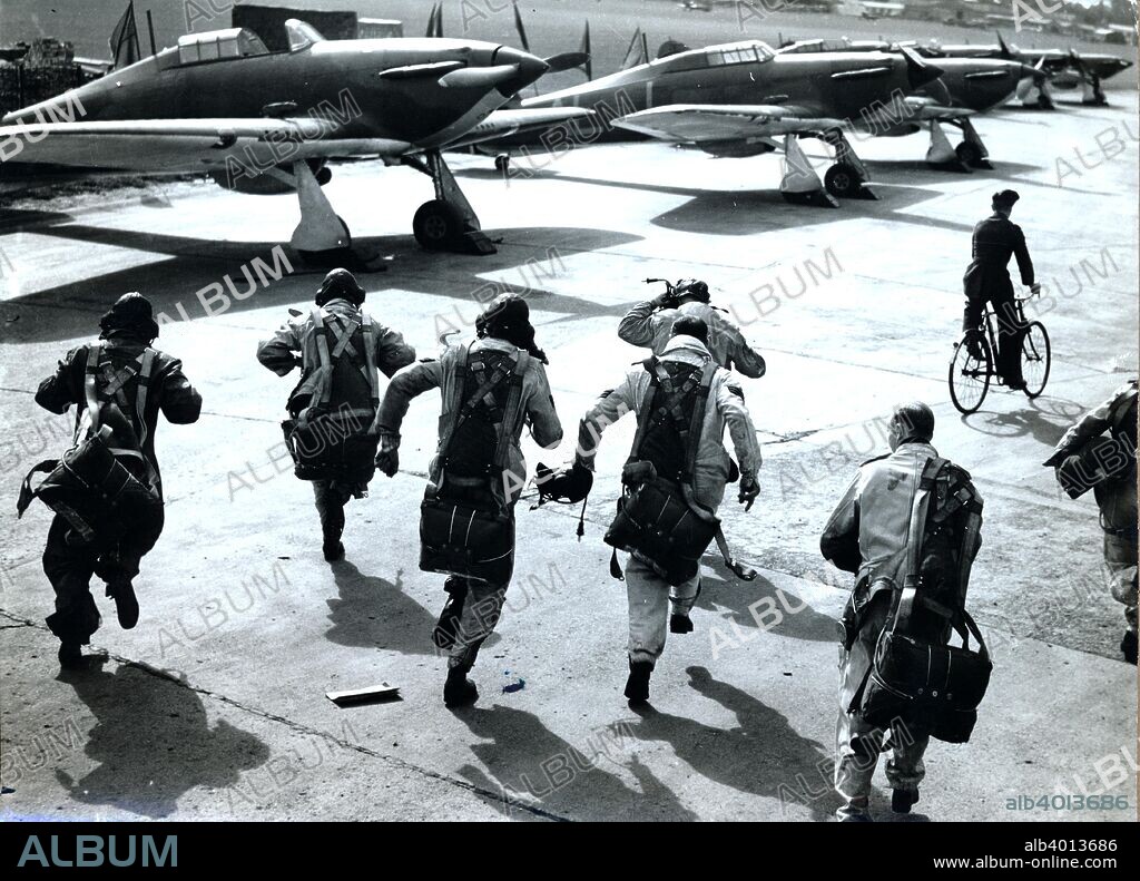 RAF pilots running to their planes, Battle of Britain, World War II, 1940. Fought between 10 July and 31 October 1940, the Battle of Britain was the first major battle to be won in the air. The RAF's victory in the battle effectively prevented the Germans from attempting an invasion.