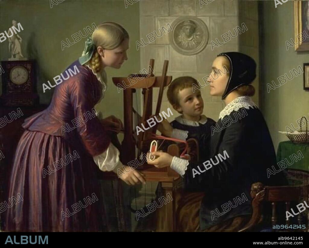 CONSTANTIN HANSEN. A housewife at her loom, with her two children, 1859.