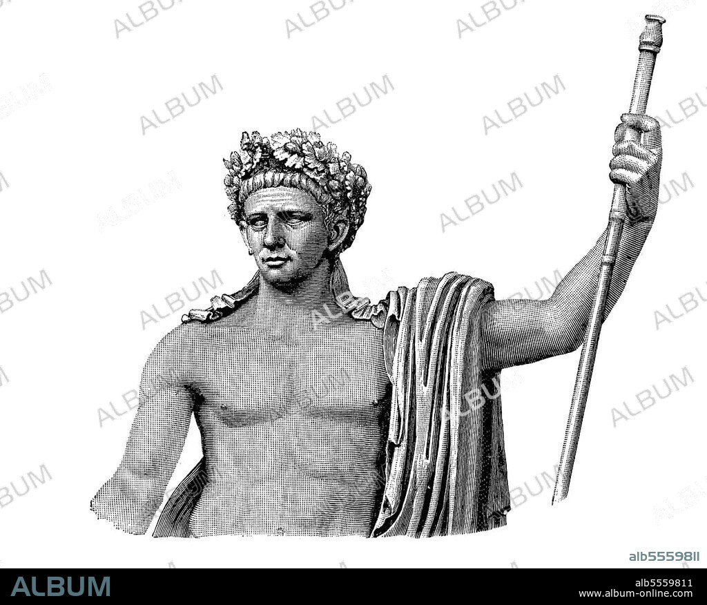 Die Triumphstatue des Claudius im Vatikanischen Museum in Rom, Tiberius Cäsar Augustus Germanicus, 1. August 10 v. Chr. 13. Oktober 54 n. war der vierte römische Kaiser aus der julisch-claudischen Dynastie, digitale verbesserte Reproduktion eines Originaldrucks von 1880, Italien.
