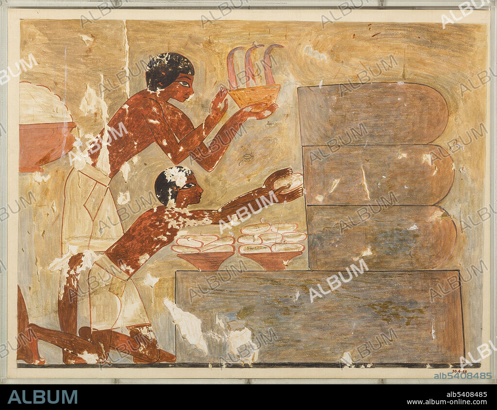 Egyptian tomb scene, illustration. This scene shows the gathering of honey on the walls of the painted tomb chapel of Vizier Rekhmire, the highest official in the government of the pharaohs Thutmose III and Amenhotep II. It dates from the New Kingdom (Dynasty 18), in around 1479-1425 BC. This tomb is in Thebes, Upper Egypt. This illustration (tempera on paper) was produced in 1926 by Egyptologist Nina de Garis Davies (1881-1965) on an expedition for the Metropolitan Museum of Art.