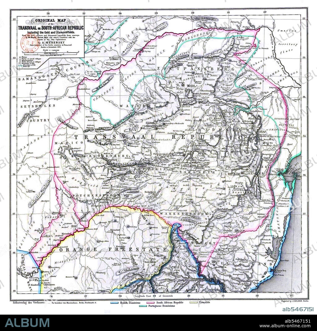 South Africa History:  Original map of the Transvaal or South-African Republic including the Gold and Diamondfields... by A. Merensky; Superintendent of the Berlin Mission in Transvaal ca.  1881.