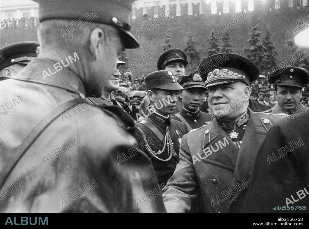Marshal georgy zhukov greeting foreign military attaches during the time of the victory parade in moscow, may 1945.