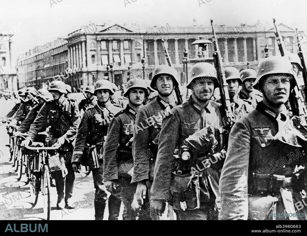 German troops marching through Paris, 17 June 1940. On 10 June the French government abandoned Paris and declared it an open city. The first German troops arrived four days later.