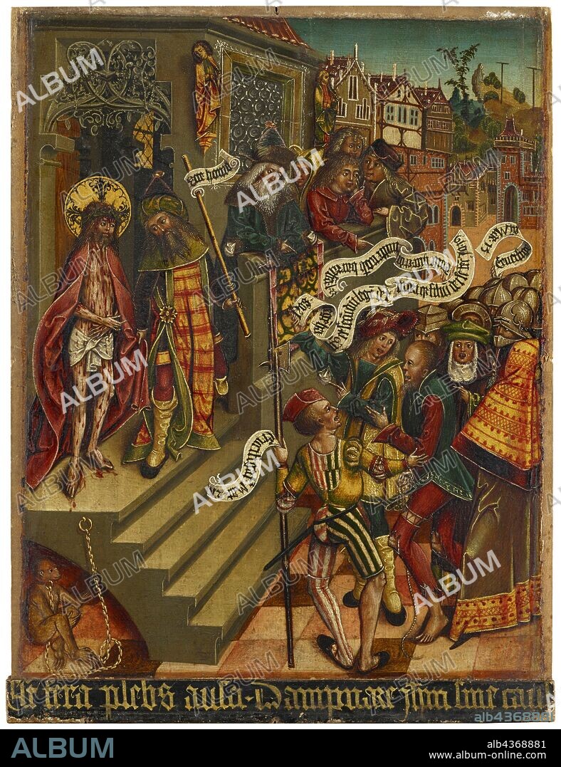 Ecce homo (front), Marbling with year number 1499 (back), 1499, mixed technique on basswood, 40 x 31 cm, Not marked, but dated on the back: • 1 • 4 • 9 • 9 •., On the banners: Ecce homo Great hu [n] c et dimitte nob [is] barraba [m] l • 23 Nos lege [m] hab [emus] et secu [ndu [m] lege [m] is [e] mori, q [uia] filiu [m] dei se fec [it] Jo • 19 Crucifige eu [m] Mar • 15 Crucifigat [ur] Mat • 27. At the bottom of the frame attached to the board: Est fera plebs ausa • Dampnare jh [, esu] m sine caus [a] ..., Deutscher Meister, 15. Jh., (?).