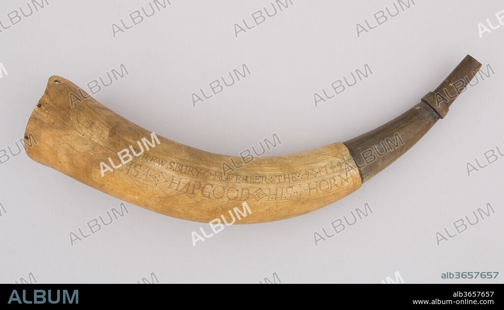 Powder Horn. Culture: Colonial American, Shrewsbury, Massachusetts. Dimensions: L. 15 1/4 in. (38.7 cm); Diam. 2 3/4 in. (7 cm); Wt. 12.2 oz. (345.9 g). Date: dated 1749.
This horn is one of the earliest dated American engraved powder horns in existence. It is engraved with the owner's name, Asa Hapgood, of Shrewsbury, Massachusetts.
