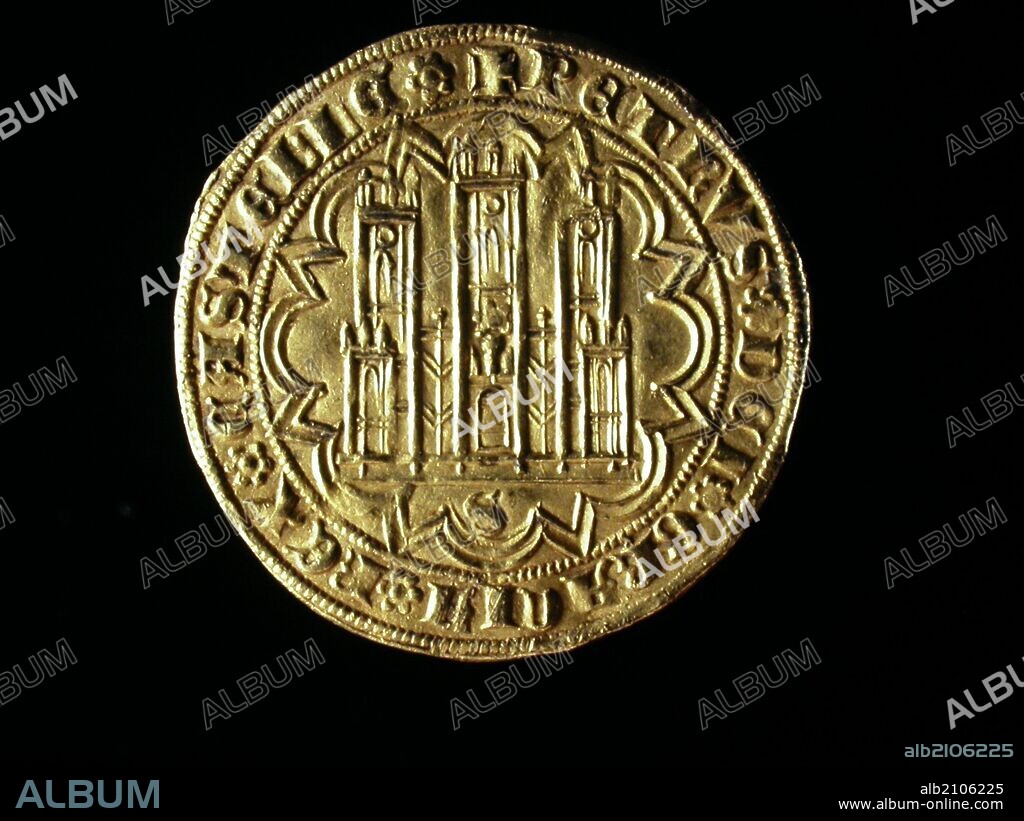 NUMISMATICA. MONEDA MEDIEVAL CRISTIANA. DOBLA DE TREINTA Y CINCO MARAVEDIS DE ORO, DE PEDRO I DE CASTILLA. ANVERSO. DENTRO DE UN CIRCULO DE PUNTOS CON DOS ORLAS CONCENTRICAS DE LINEAS CURVAS Y RECTAS, UN CASTILLO DE TRES TORRES. (M.A.N.).