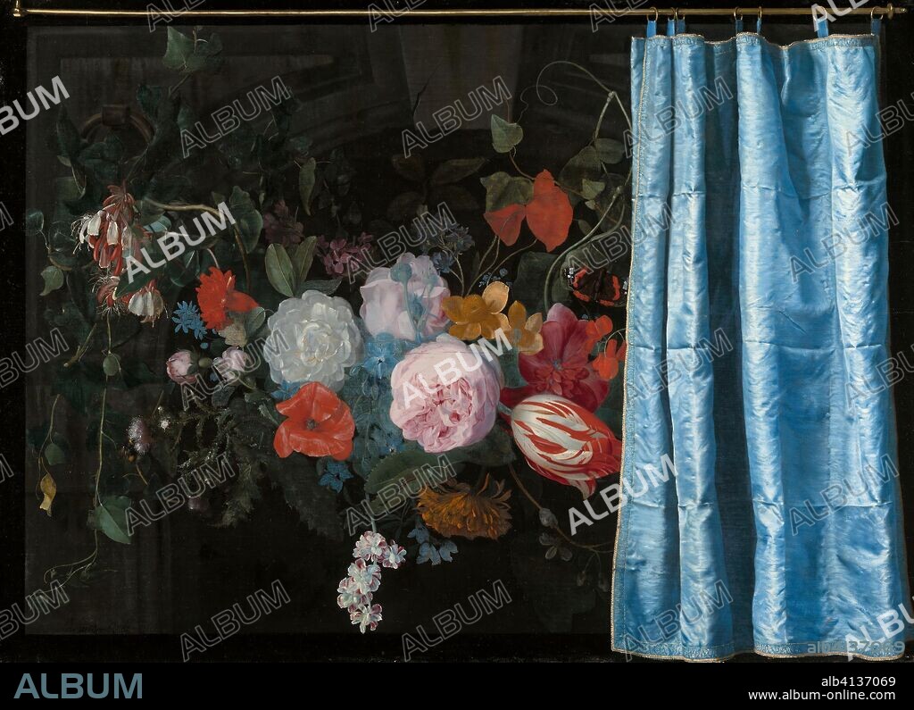 Trompe-l'Oeil Still Life with a Flower Garland and a Curtain. Adriaen van der Spelt (Dutch, 1630-1673); Frans van Mieris (Dutch, 1635-1681). Date: 1658. Dimensions: 18 1/4 × 25 1/8 in. (46.5 × 63.9 cm). Oil on panel. Origin: Netherlands.