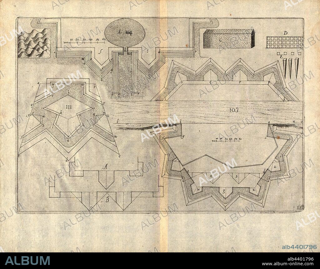 Fortress, Fortification of a city on a river, Fig. 103, pl. 23, to p. 16, Marolois, Samuel, 1627, Samuel Marolois: Fortification ou architecture militaire tant offensive que deffensive [...]. Amsterdam: chez Ian Janssen, 1627.