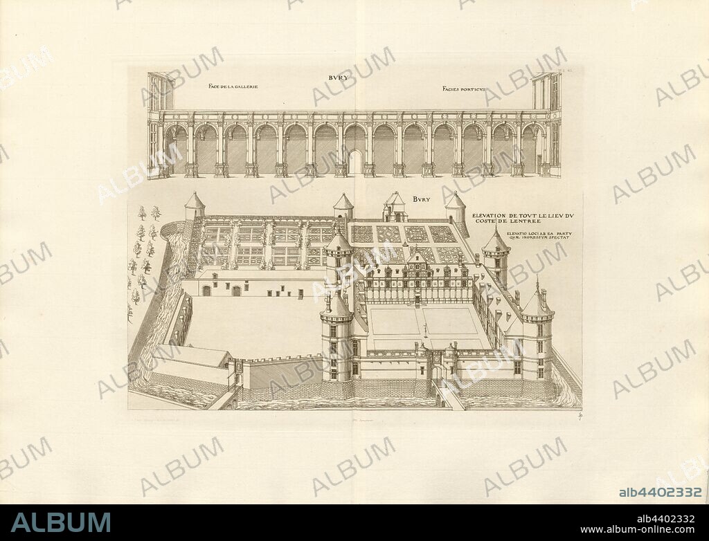 Bury. Front of the gallery and Bury. Elevation of the whole place of the cost of the entrance, Château de Bury near Blois in France, Signed: FD; Imp. Lemercier et Cie, A. Lévy (ed.), Fig. 64, T. 2. 63., Cerceau, Jacques Androuet du (del.); Faure-Dujarric, Pierre-Lucien (sc.); Lemercier (imp.); Levy, A. (ed.), 1868, Jacques Androuet du Cerceau; Hippolyte A. Destailleur: Les plus excellents bastiments de France. Paris: A. Lévy, Libraire-Editeur, M DCCC LXVIII - M DCCC LXX. [1868-1870].
