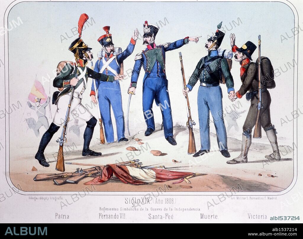 Guerra de la Independencia (1808 a 1814). Soldados y Oficiales de Regimientos simbólicos de la Guerra de la Independencia. Dibujo de Villegas. Lámina número 69 del ALBUM DE LA INFANTERIA ESPAÑOLA del Teniente General Conde de Clonard. Litografía Militar, Madrid, año 1861.