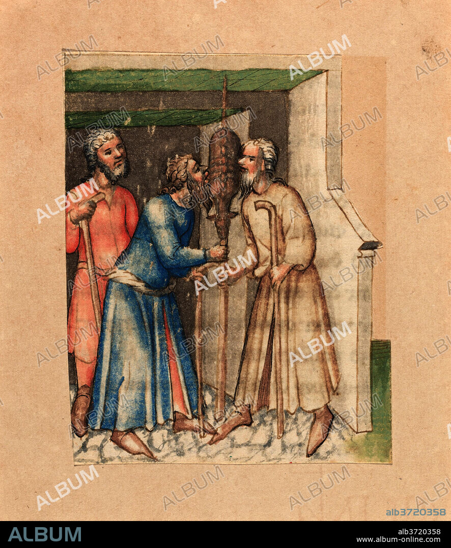 AUSTRIAN 15TH CENTURY. Eating Sacrificial Lamb. Dated: c. 1420/1430. Dimensions: image: 10.5 x 8.5 cm (4 1/8 x 3 3/8 in.). Medium: pen and ink with watercolor; fragment from Bible MS (German text on image verso); image cut in silhouette and mounted on backing sheet.