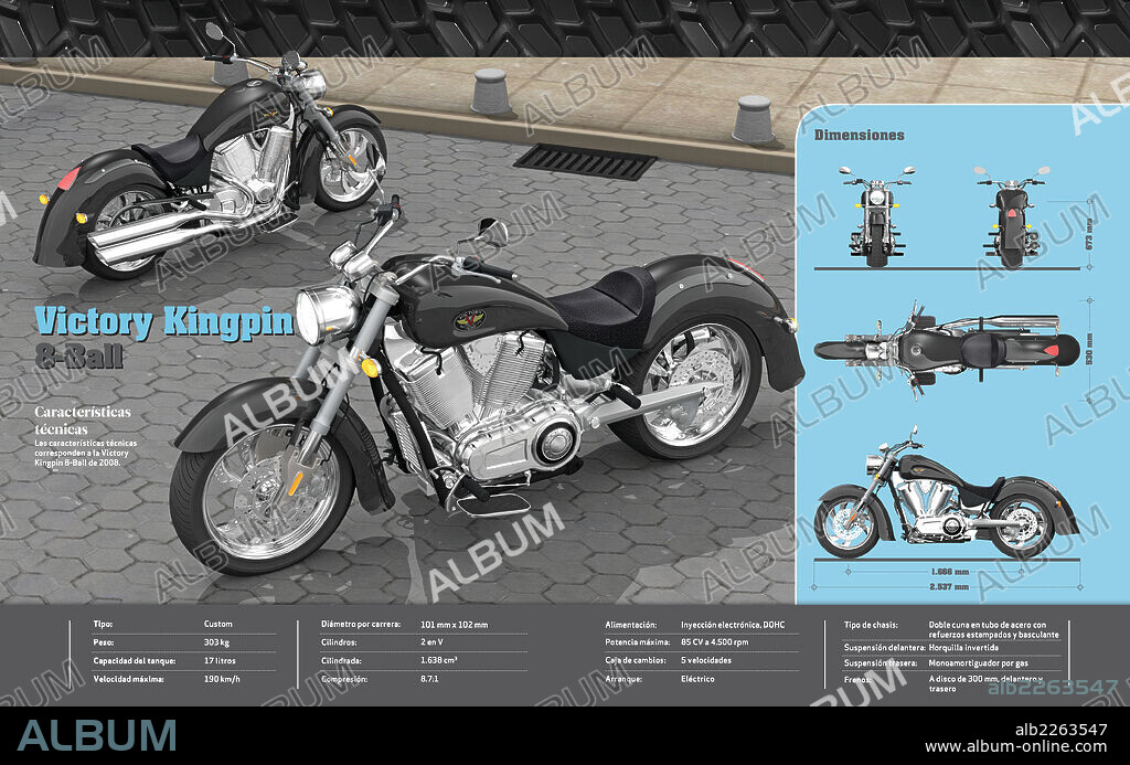 Victory Kingpin 8-Ball. Infografía de las características técnicas de la motocicleta Victory Kingpin 8 Ball, modelo de 2008.
