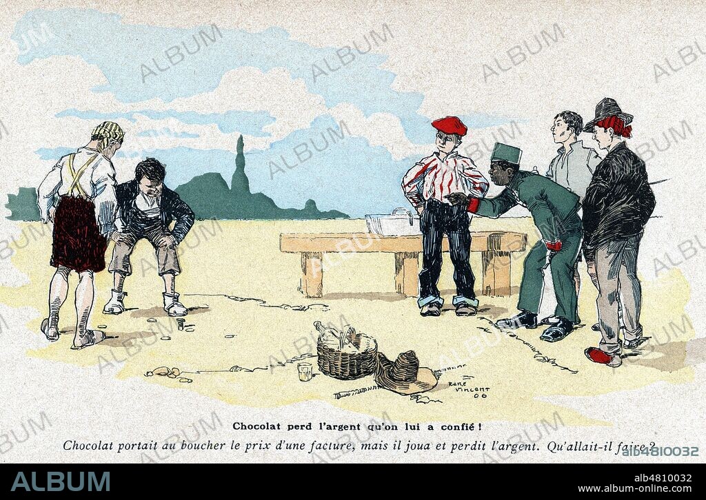 CHOCOLAT perd l'argent qu'on lui a confie. Illustration de 1906 par Rene VINCENT (1879-1936) pour Les memoires de FOOTIT et CHOCOLAT clowns par FRANC-NOHAIN (1872-1934). Credit : Collection IM/Kharbine-Tapabor.