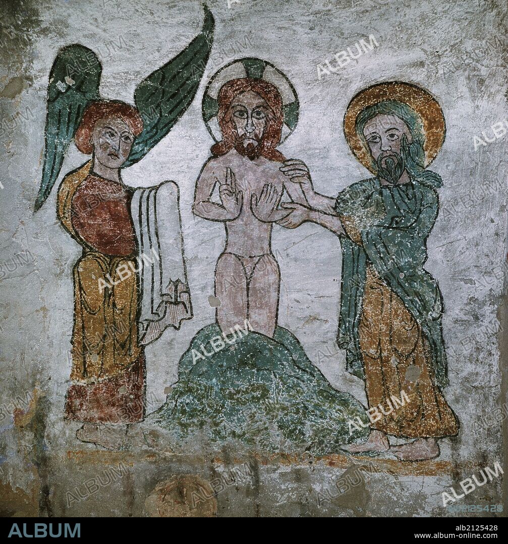 ARTE ROMANICO. ESPAÑA. "BAUTISMO DE CRISTO". Pintura mural de la Sala del Tesoro. Es una de las criptas laterales reformadas en el siglo XII. CATEDRAL DE SAN VICENTE MARTIR. RODA DE ISABENA. Provincia de Huesca. Aragón.