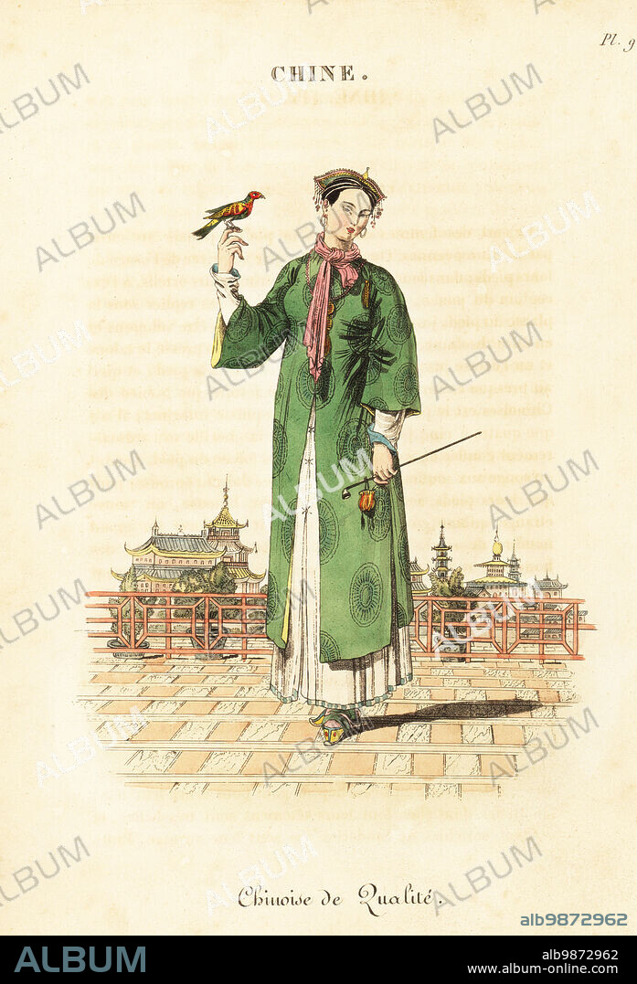 Chinese lady of rank, Peking, 18th century. She wears an rich headdress and embroidered silk gown, holds a tobacco pipe and pouch. She has a colourful songbird on her finger. The buildings are near the West Gate of Beijing. Chinois de qualite. Handcoloured copperplate engraving after an illustration by William Alexander from J-B. Eyries La Chine: Costumes, Moeurs et Usages des Chinois, China: Costumes, Manners and Mores of the Chinese, Librairie de Gide Fils, Paris, 1822. Jean-Baptiste Eyries (1767-1846) was a French geographer, author and translator.