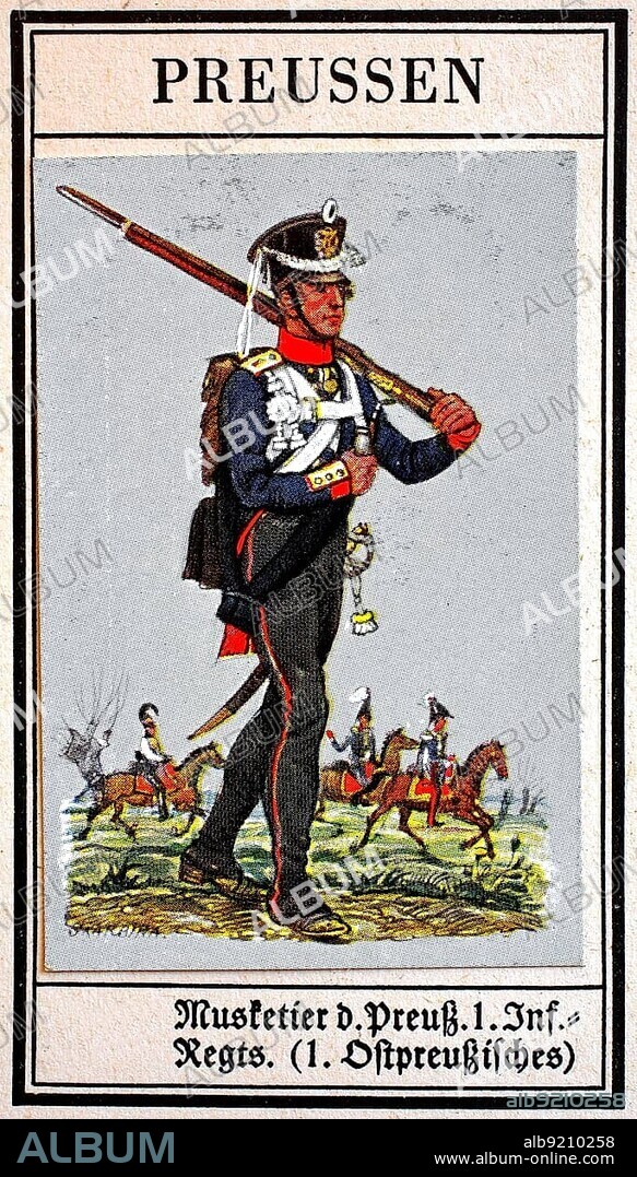 German Uniforms of the 19th century, Lines, Infantry: Prussia, Musketeer of the Prussian 1st Infantry Regiment, 1st East Prussian, Historical, digitally restored reproduction of a public domain collector's picture from the early 20th century