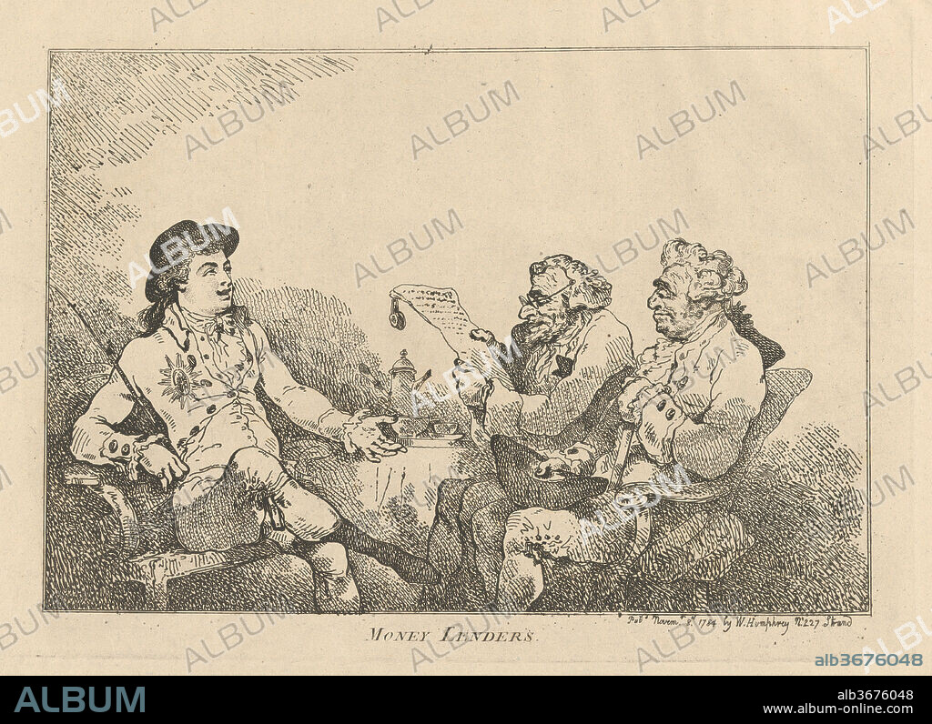 Money Lenders. Artist: Thomas Rowlandson (British, London 1757-1827 London). Dimensions: Sheet: 12 1/8 × 17 3/8 in. (30.8 × 44.2 cm)
Plate: 10 1/8 × 13 7/8 in. (25.7 × 35.3 cm). Published in: London. Publisher: Hannah Humphrey (London). Subject: George Prince of Wales (British, London 1762-1830 Windsor). Date: November 8, 1784.