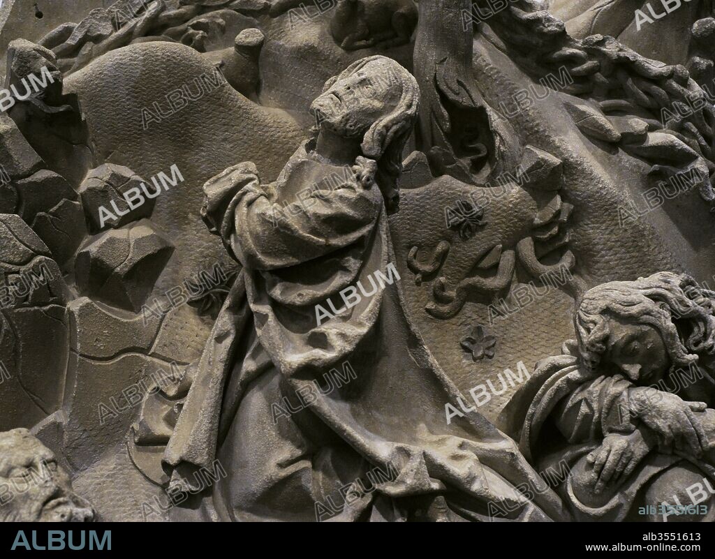 Cristo en el Monte de los Olivos. Pieza de la Casa Sacramental de la Catedral de Colonia, Alemania, 1510. Detalle. Oración de Jesús en el Huerto de los Olivos. Piedra arenisca de Baumberg. Museo Schnütgen. Colonia, Alemania.