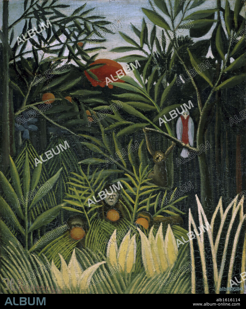 HENRI ROUSSEAU. Landscape with Monkeys   c. 1910  Henri  Rousseau (1844-1910/French)   Oil on canvas  Barnes Foundation, Merion, Pennsylvania.
