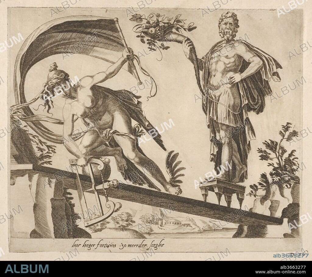 When Fortune Is Abundant, the Fall Will Be Deeper from Six Sayings about Fortune. Artist: Dirk Volckertsz Coornhert (Netherlandish, Amsterdam 1519/22-1590 Gouda). Dimensions: Plate: 7 15/16 × 9 11/16 in. (20.2 × 24.6 cm)
Sheet: 11 5/16 × 13 1/4 in. (28.7 × 33.7 cm). Date: ca. 1560.