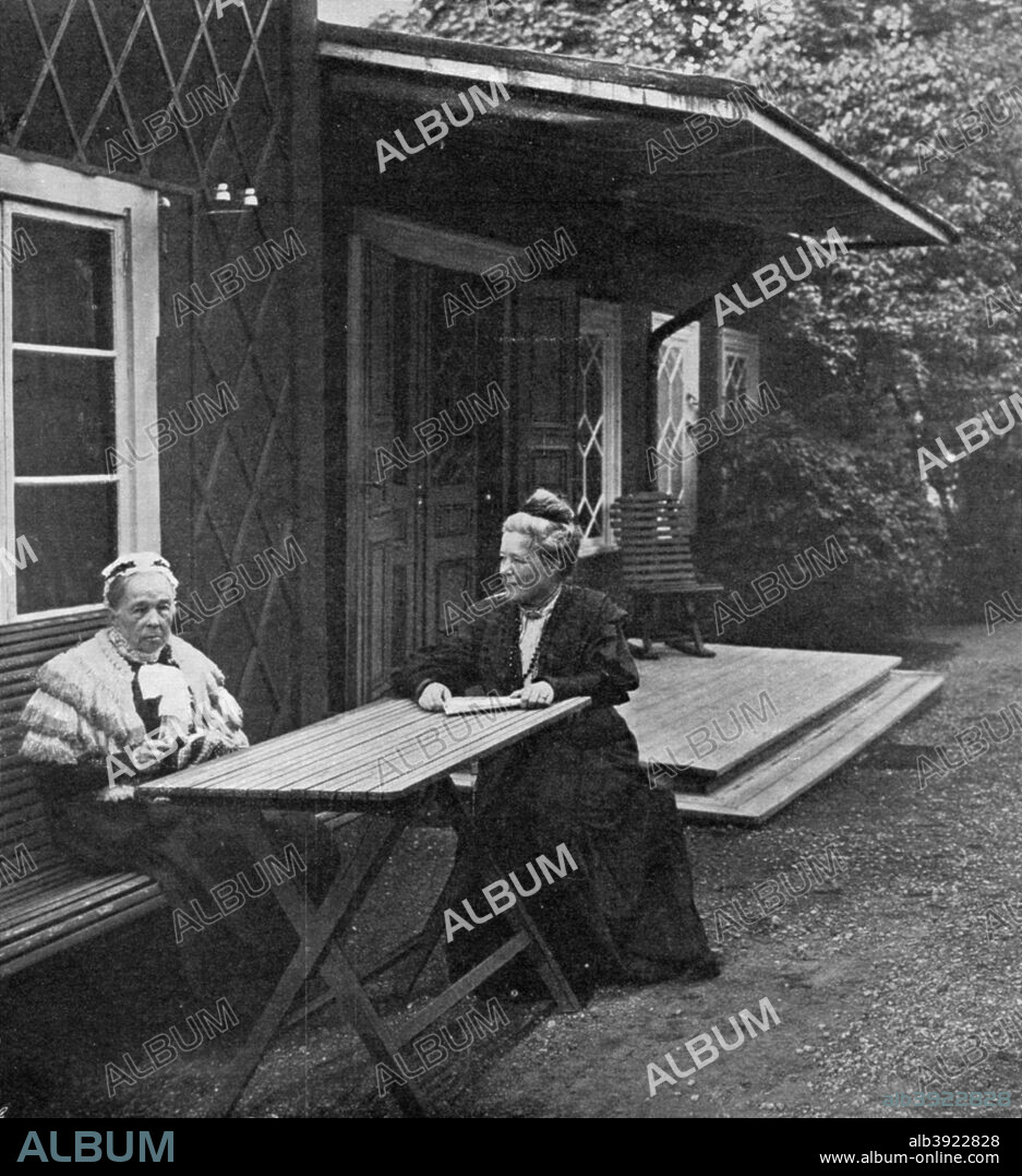 Swedish author Selma Lagerlöf and her mother, Louise, 1909. In 1909 Lagerlöf (1858-1940) became the first female writer to win the Nobel Prize in Literature. She is best remembered for her children's book Nils Holgerssons underbara resa genom Sverige (The Wonderful Adventures of Nils). A print from L'Illustration, 18 December 1909.