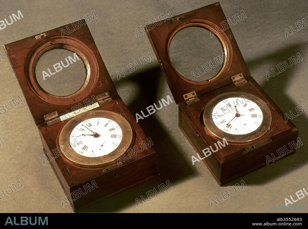Two mahogany box chronometers, made by John Arnold (1736-1799) for Captain James Cook's second Pacific voyage in 1772. Date, 1771.
