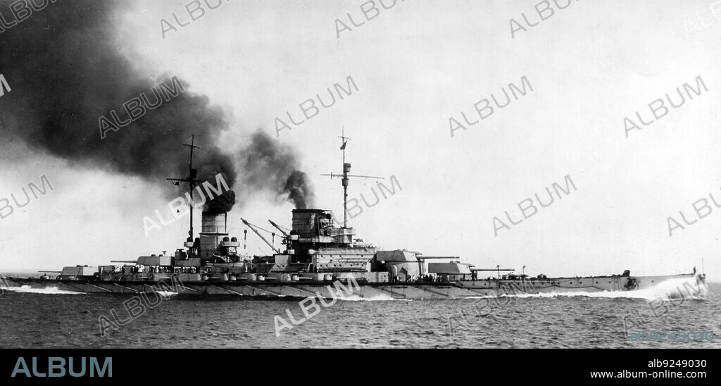 The German battle cruiser SMS Luetzow in full speed on the high seas. The ship was sunk by its own crew after the battle of Jutland, as it was severerly damaged by gun fire and could not be navigated home. (Date created: 01.01.1916-01.06.1916).