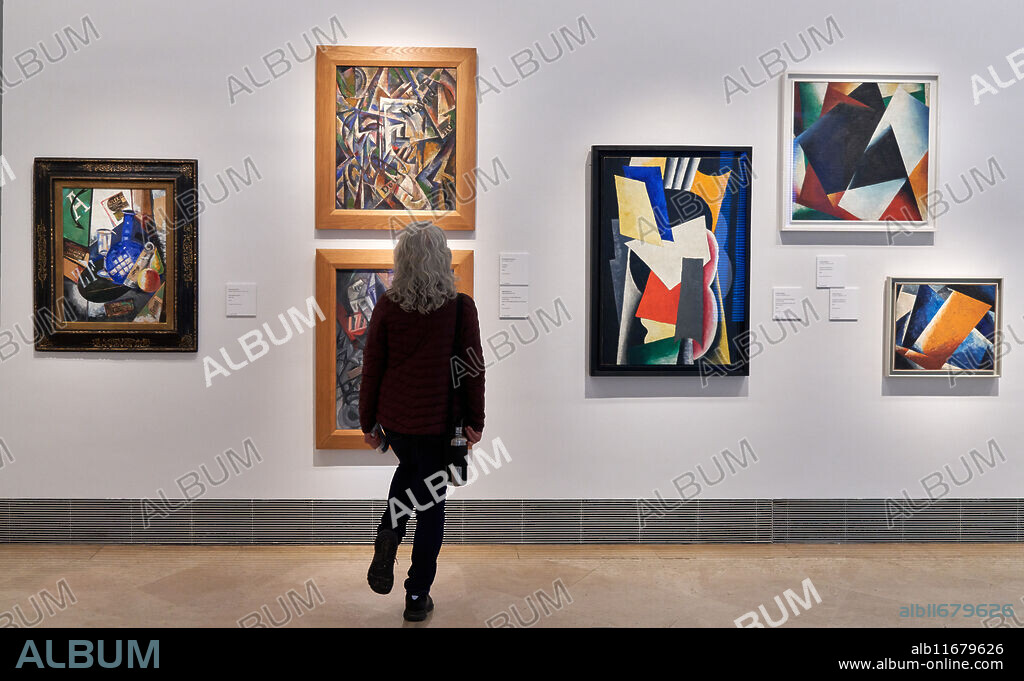 "Still Life", 1913, by Alexandra Exter. "Cubism", 1914, by Nadeshda Udaltsova. "Painterly Architectonic (Still Life: Instruments)",1915, and "Painterly Architectonic", 1918, by Liubov Popova. Reina Sofia Museum, Madrid, Spain.