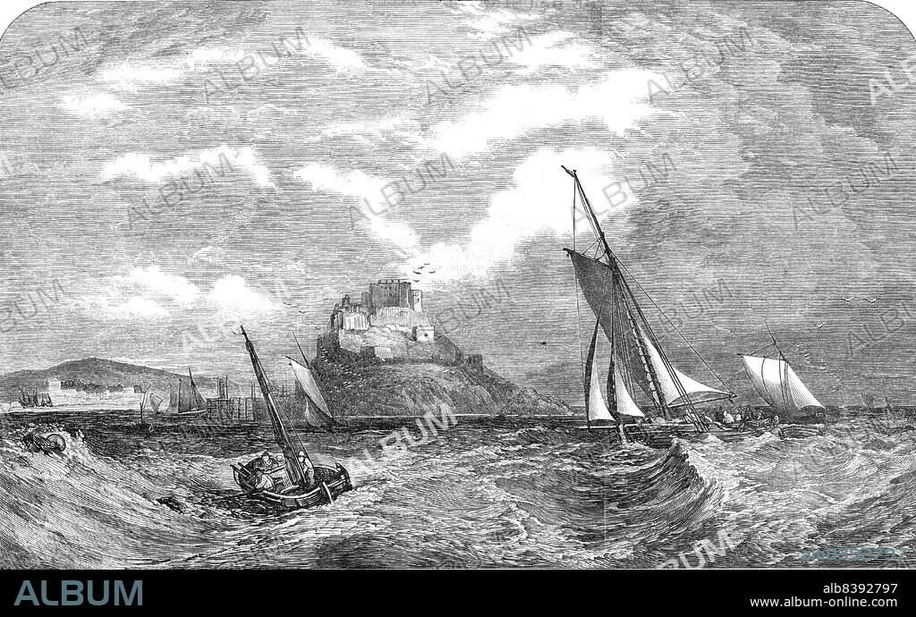 Mont Orgueil Castle, Jersey - painted by J. Wilson, Jun, 1854. 'This spirited sea-piece was exhibited at the British Institution last year...it is a beautiful scene, pure in colouring, and effective in general treatment: the transparency and motion are well rendered in the heaving sea and the fleeting clouds; and the fine old Castle upon the high rocky promontory is very picturesque. It is distant about fourteen miles from the coast of France, of which it commands a splendid view for many leagues; and is said to derive its name of Mont Orgueil (Mount Pride) from the Duke of Clarence, brother to Henry X., one of its Governors...The Castle has its many stories of siege and captivity; and, as one of the prison-houses of Charles I, is especially interesting. The keep, or main fortress, is an immense oval building'. From "Illustrated London News", 1854.