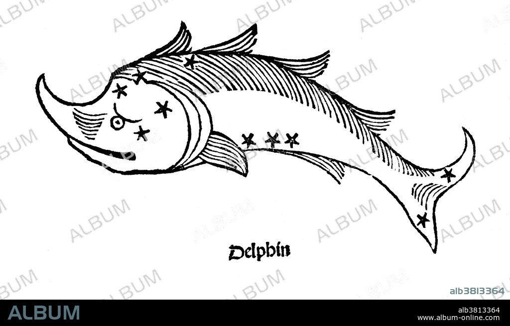 Delphinus is a constellation in the northern sky, close to the celestial equator. Its name is Latin for dolphin. Delphinus was one of the 48 constellations listed by the 2nd century astronomer Ptolemy, and it remains among the 88 modern constellations defined by the International Astronomical Union. It is one of the smaller constellations, ranked 69th in size. Delphinus' brightest stars form a distinctive asterism that can easily be recognized. Poeticon astronomicon is a star atlas whose authorship is disputed. The work was originally attributed to the Roman historian Gaius Julius Hyginus (64 BC - AD 17). The book lists most of the constellations in the same order as Ptolemy's Almagest (2nd century AD) which has led many to believe that a more recent Hyginus created the text. The Poeticon astronomicon was not formally published until 1482, by Erhard Ratdolt. He commissioned a series of woodcuts, but the relative positions of the stars bear little resemblance to the descriptions given by Hyginus in the text or the actual positions of the stars in the sky.