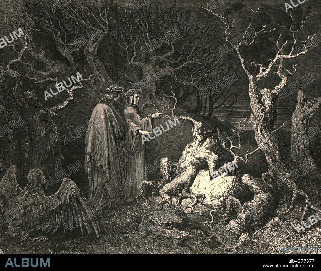 PAUL GUSTAVE DORÉ. 'And straight the trunk exclaim'd, "Why pluck'st thou me?"', c1890. Dante and the Roman poet Virgil encounter men who who have been transformed into trees. Illustration from "The Vision of Hell" (Inferno), the first part of "The Divine Comedy" (La divina commedia) by Dante Alighieri. This long, narrative poem, written in Italian c1308-1321, tracing Dante's imaginary journey from Hell, through Purgatory and finally to Heaven and a beatific vision of God, has been published numerous times. This edition, published late 19th century, is illustrated by Gustave Dore. [Cassell Petter & Galpin, c1890].