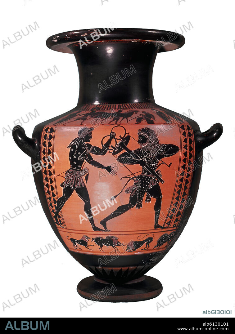 HIDRIA DEL"PINTOR DE MADRID" HAZAÑAS HERCULES: LUCHA CONTRA APOLO POR TRIPODE DE DELFOS - 520 AC.