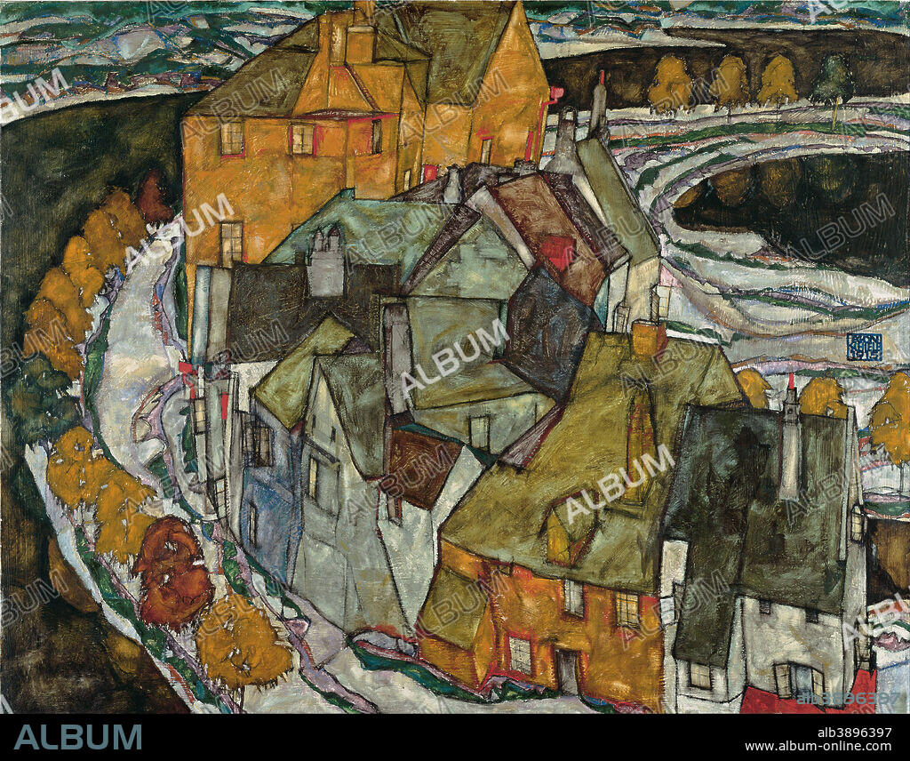 EGON SCHIELE. Der Häuserbogen II ("Inselstadt") Crescent of Houses II (Island Town). Date/Period: 1915. Painting. Oil on canvas. Height: 1,105 mm (43.50 in); Width: 1,405 mm (55.31 in).
