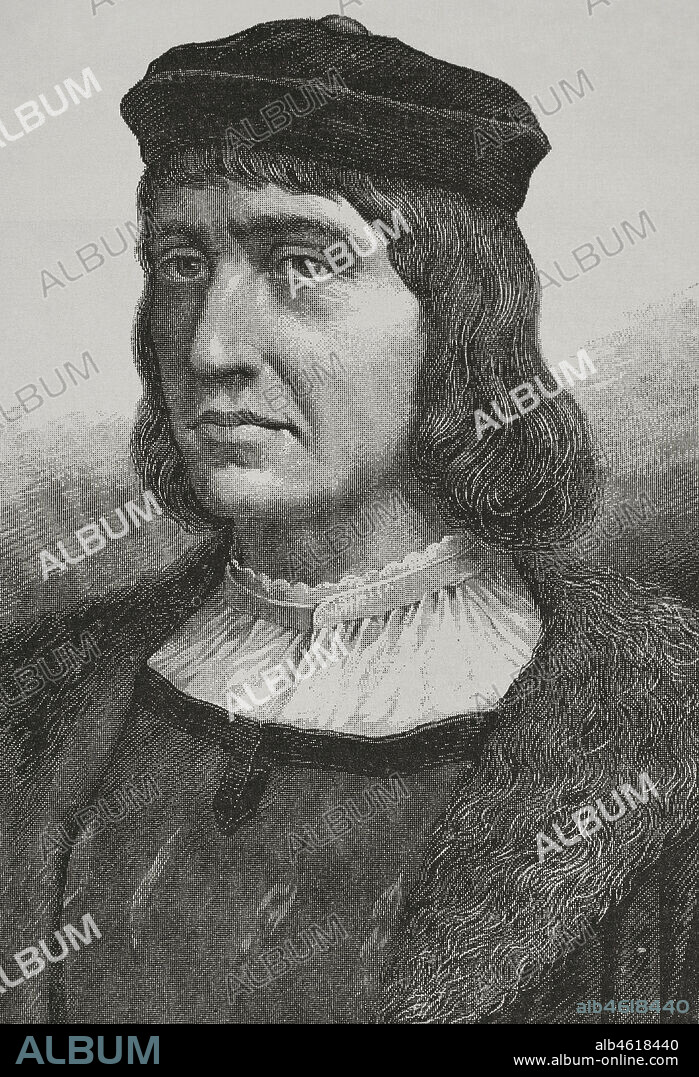 Diego Cao (h.1452-1486). Navegante portugués, descubridor de la desembocadura del río Congo. Grabado. El Congo y la Creación del Estado Independiente de este nombre. Historia de los Trabajos y Exploraciones Verificados, por Enrique M. Stanley. Editada en Barcelona, hacia 1890. España.