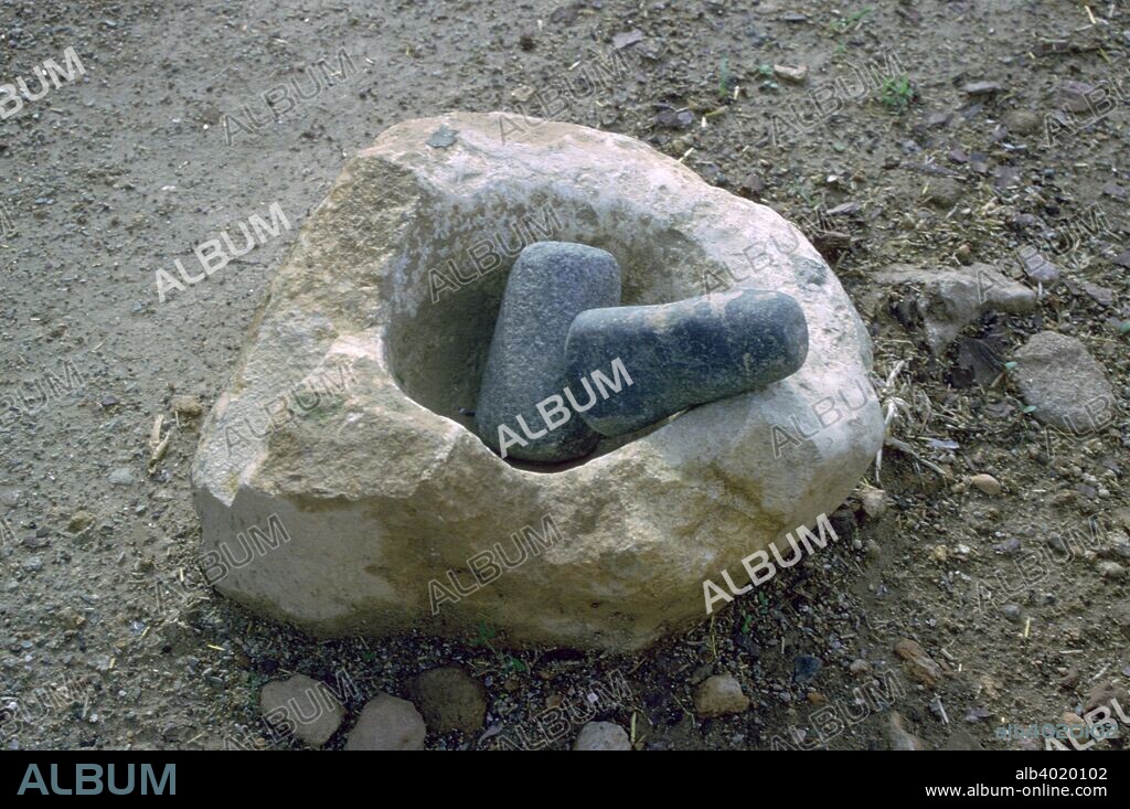 A neolithic quern/pestle and mortar for grinding corn, discovered at Lemea Neolithic settlement near Paphos on Cyprus.