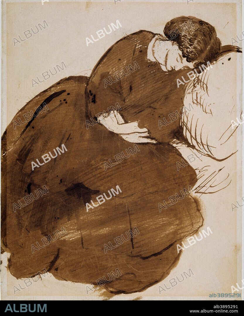 DANTE GABRIEL ROSSETTI. Portrait of Jane Morris asleep on a Sofa. Date/Period: 1869/1871. Pen and brown ink and ink wash, on paper. Width: 151 mm. Height: 241 mm.