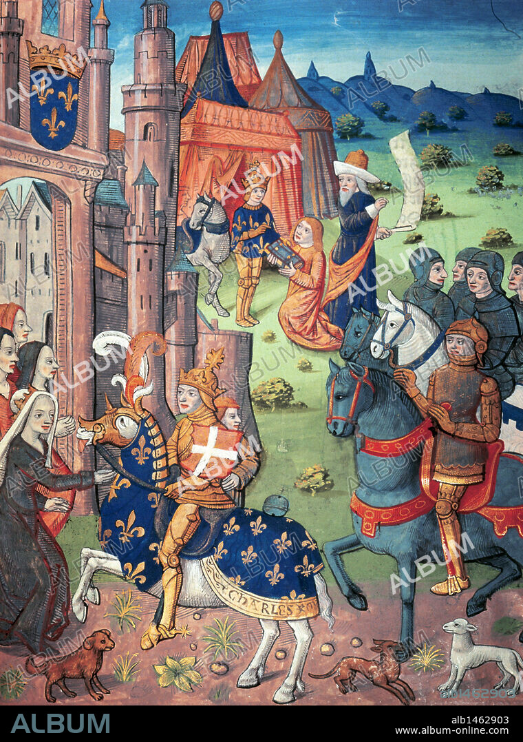 Charlemagne (742-814). King of the Franks (768-814,) the Lombards (774-814) and emperor of the Romans (800-814). Charlemagne's paladins. Miniature of "Chronicles of France", 1494. National Library of Turin. Italy.